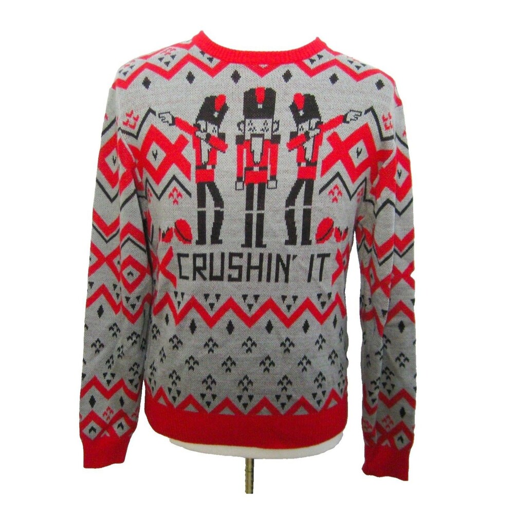 NUTCRACKER Crushin' It Men's Size Medium Gray Red Holiday Christmas Ugly Sweater